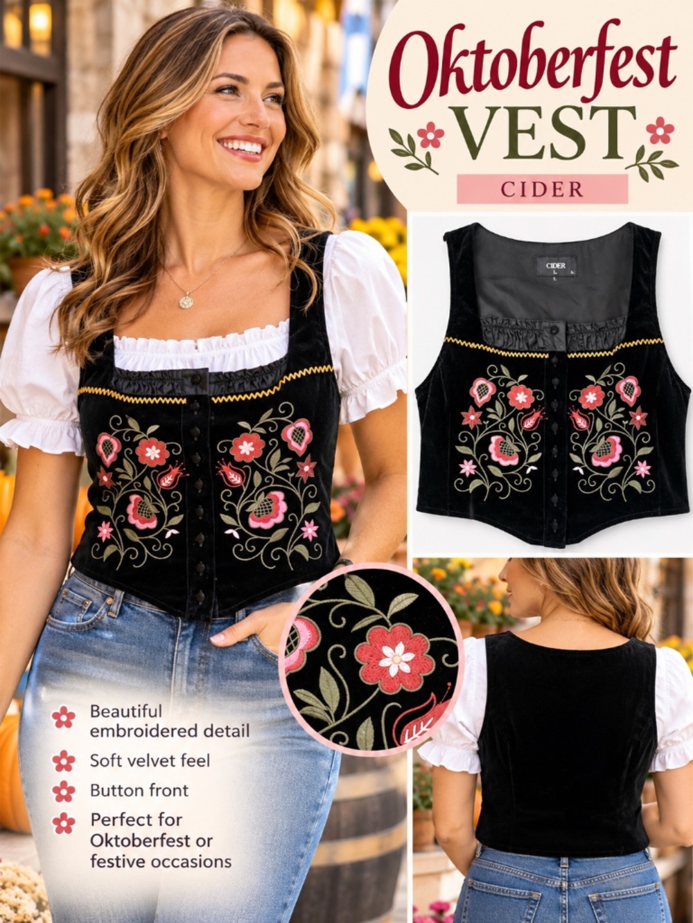 🍺 CIDER Women’s Large Embroidered Oktoberfest Vest – Like New! 🌸